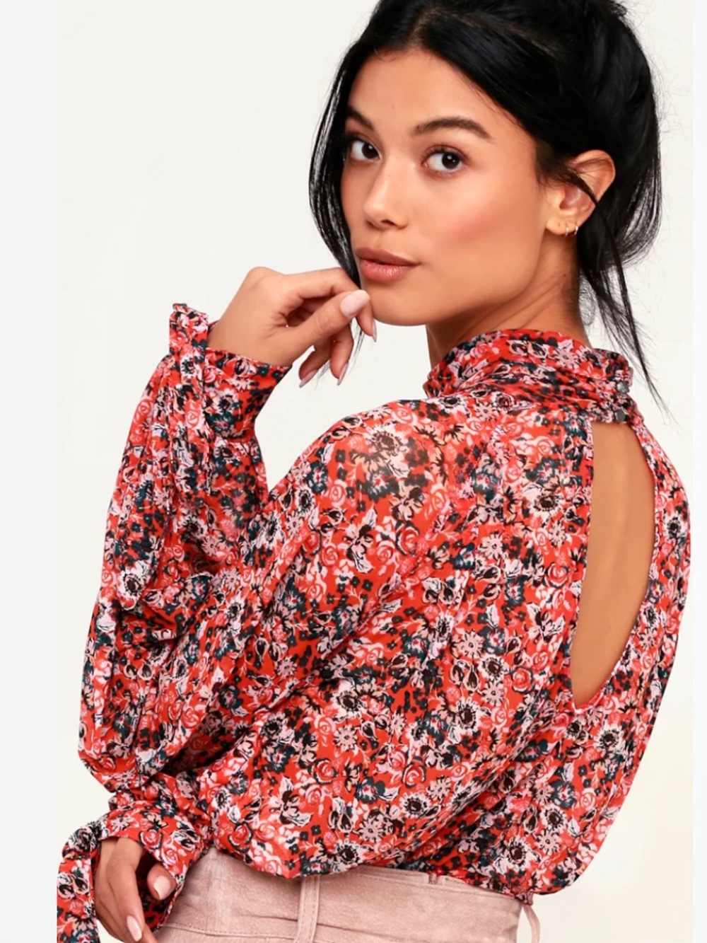 Free People All Dolled Up Orange Floral Mesh Mock Neck Blouse